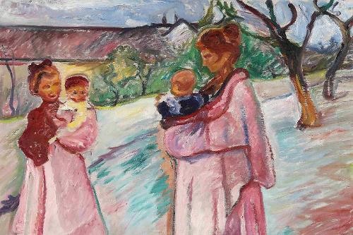 Bild zeigt ein Gemälde von Edvard Much. Zwei Mütter halten ihre Babys im Arm und unterhalten sich im Freien.