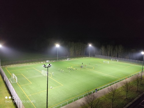 Blick in ein durch Flutlicht erleuchtetes grünes Spielfeld