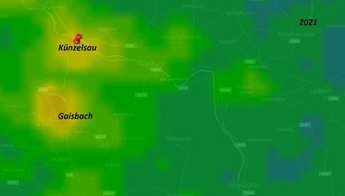 Satellitenaufnahme von Künzelsau und Umgebung, die die Lichtverschmutzung zeigt