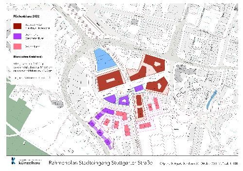 Plan vom Areal am Stadteingang mit Kennzeichnung der Bauabschnitte des Kreishauses und der  Stadtachse