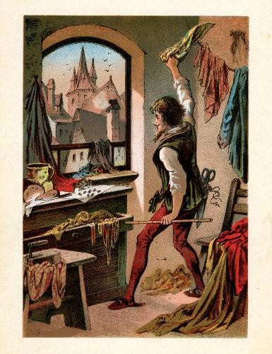 Zeichnung tapferes Schneiderlein holt zum Schlag auf das Brot mit den Fliegen aus.