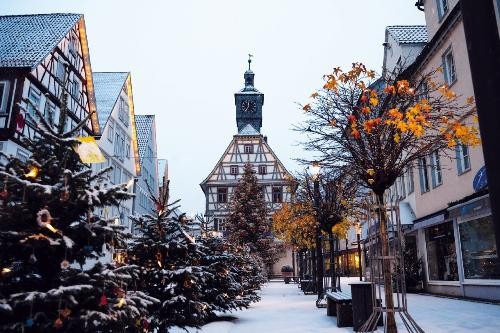 Blick auf das Alte Rathaus - ein Fachwerkgebäude. Davor viele kleine geschmückte Weihnachtsbäume. Alles ist leicht verschneit.
