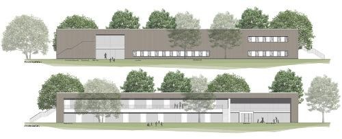 zwei Fassadenansichten in grau und grün gehaltener Farbe übereinander angeordnet