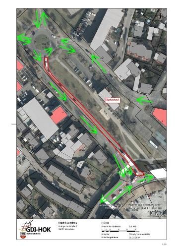 Plan, der mit grünen Pfeilen die freien Fahstrecken und mit roter Umrandung die gesperrte Fahrbahn aufzeigt