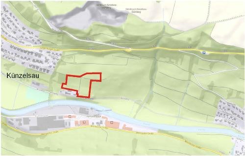 Bereich Bebauungsplan "Solarpark Künzelsau" rot umrandet, rechts von Künzelsau
