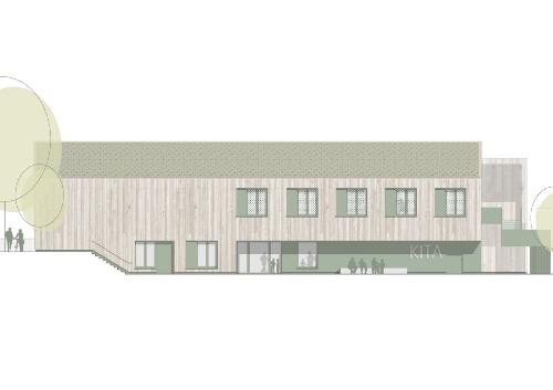 zweigeschossiges Gebäude mit bräunlicher Fassade