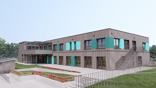 zweigeschossiges, graues Flachdachgebäude in 3D-Ansicht mit türkisfarbenen Elementen zwischen den Fenstern