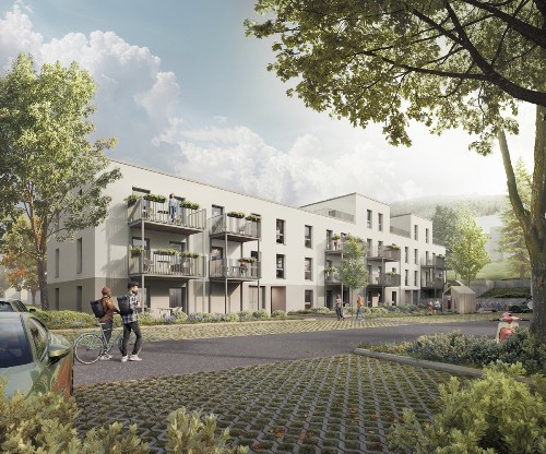 Außenansicht eines dreigeschossigen Gebäudes mit Flachdach