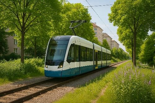 Eine Bahn fährt durch das grün.