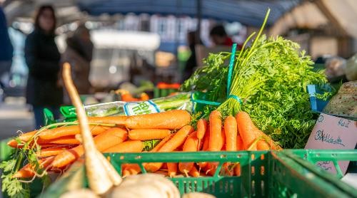 Ein Wochenmarkt mit vielen Ständen und Verkäufern .