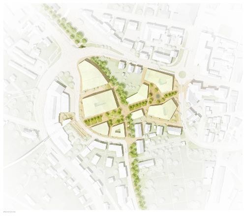 Die Grafik zeigt einen städtebaulichen Übersichtsplan aus der Vogelperspektive. Mehrere polygonale Gebäude sind entlang neuer Straßen und Wege angeordnet. Zwischen den Baukörpern verlaufen begrünte Achsen mit Baumreihen, Plätzen und Aufenthaltsflächen. Die Planung verbindet den Stadteingang mit umliegenden Straßen und schafft neue öffentliche Räume.