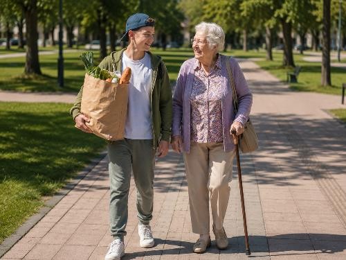 Ein Jugendlicher trägt eine Einkaufstüte mit Lebensmitteln und geht gemeinsam mit einer älteren Frau auf einem sonnigen Parkweg spazieren. Beide lächeln sich an. Die Frau stützt sich auf einen Gehstock. Das Bild symbolisiert die Unterstützung älterer Menschen durch Jugendliche im Rahmen der Künzelsauer Taschengeldbörse. (KI-generiertes Symbolbild)
