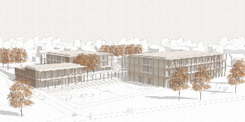 drei Gebäude in blassen Farben.