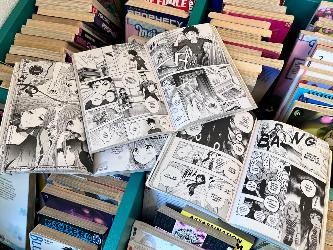 aufgeschlagene Manga-Comic-Bücher in schwarz-weiß