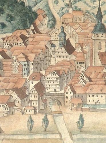 Altes Gemälde von Künzelsau mit dem Unteren Tor im Vordergrund.