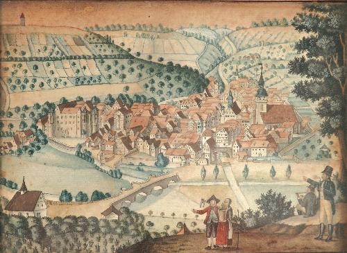 Altes Gemälde, das Künzelsau zeigt.