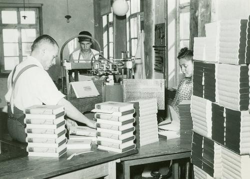 Drei Mitarbeiter in einer Buchbinderei.
