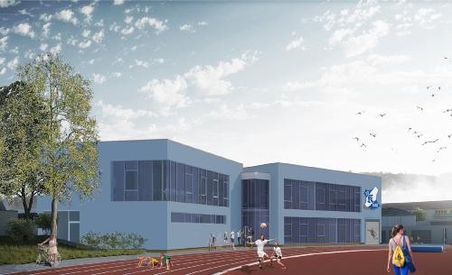 Animation des Sportvereinszentrum, wie es von außen aussehen wird.