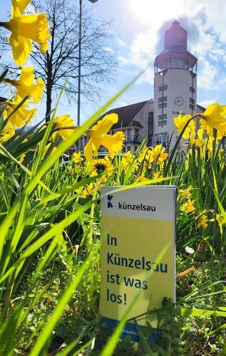 Neue gelbe Broschüre, im Hintergrund die Hauptstraße mit Altem Rathaus.