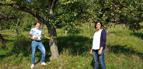 Bürgermeister Neumann und Frau Schukowski-Hust stehen an einem Apfelbaum.