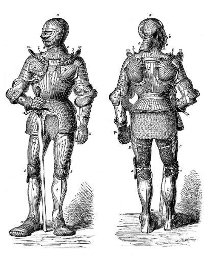 Zeichnung einer Ritterrüstung von hinten und vorne.