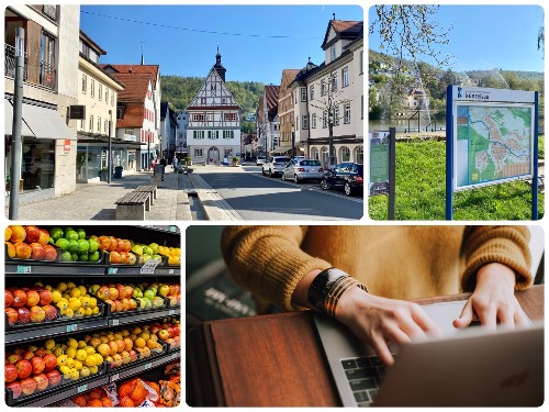 Bilderkollage mit Ansicht Hauptstraße, Stadtplan-Infotafel, Obstregal im  Laden und Hände am Laptop