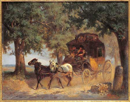 Gemälde, das eine Pferdekutsche zeigt. 